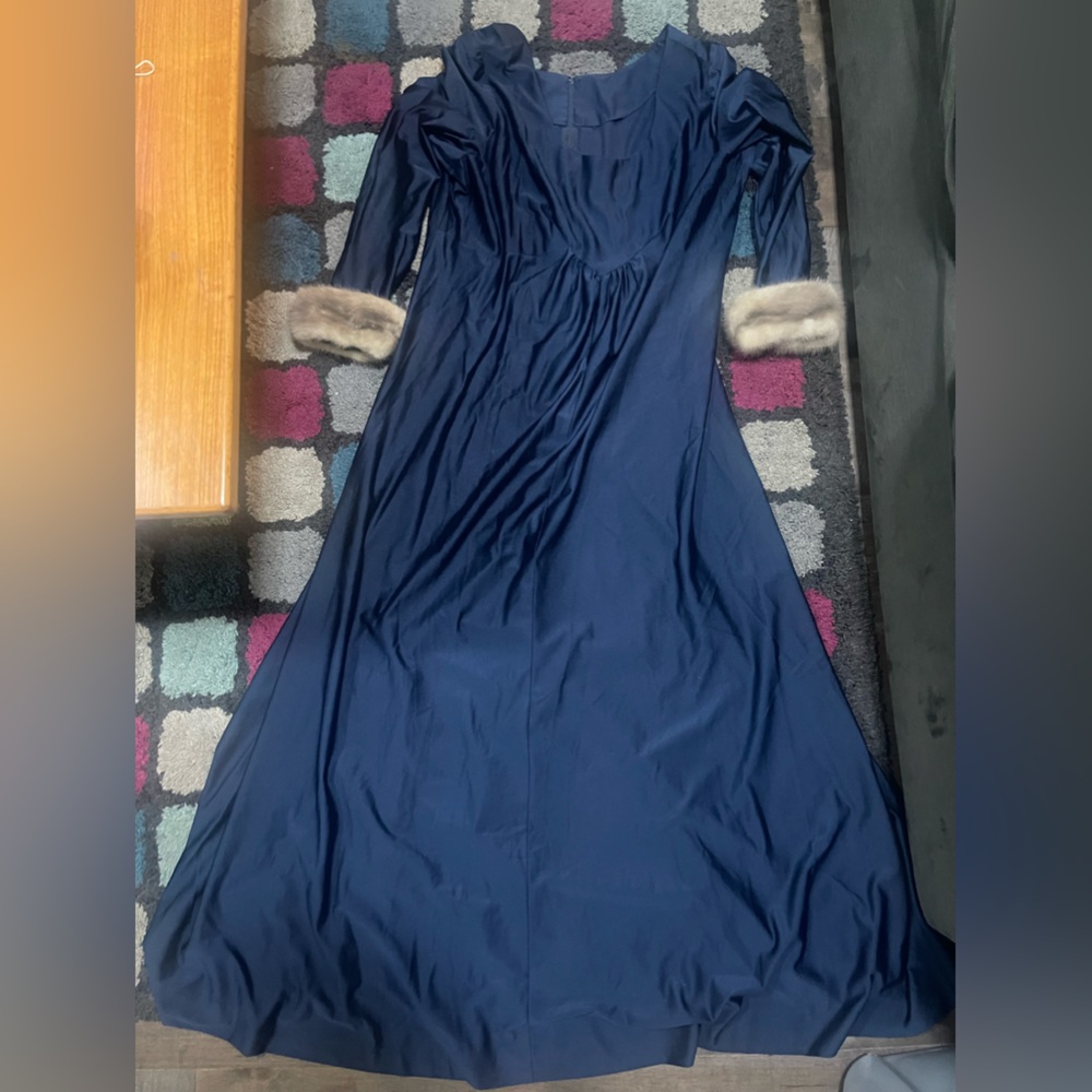 Dark Blue Long Vintage gown with real fur sleeves medium